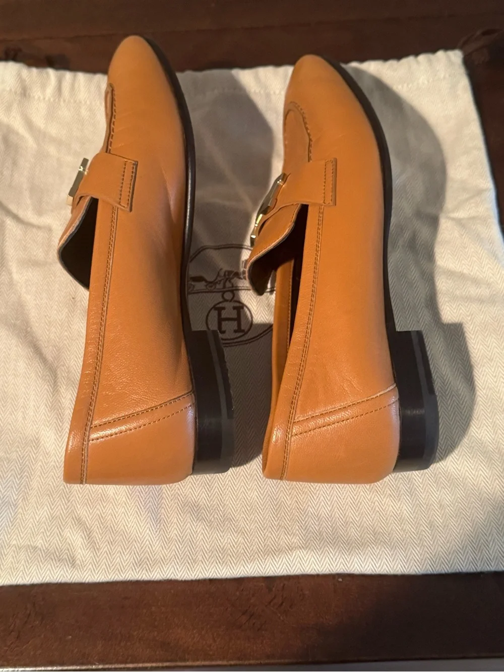 Authentic Hermes Paris Loafers Gold Tan Leather H Buckle Flats Size EU 36.5 US 6